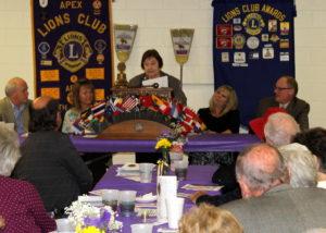 Lion District Governor Barbara Beltran speaks at the Apex Lions Club Annual Banquet