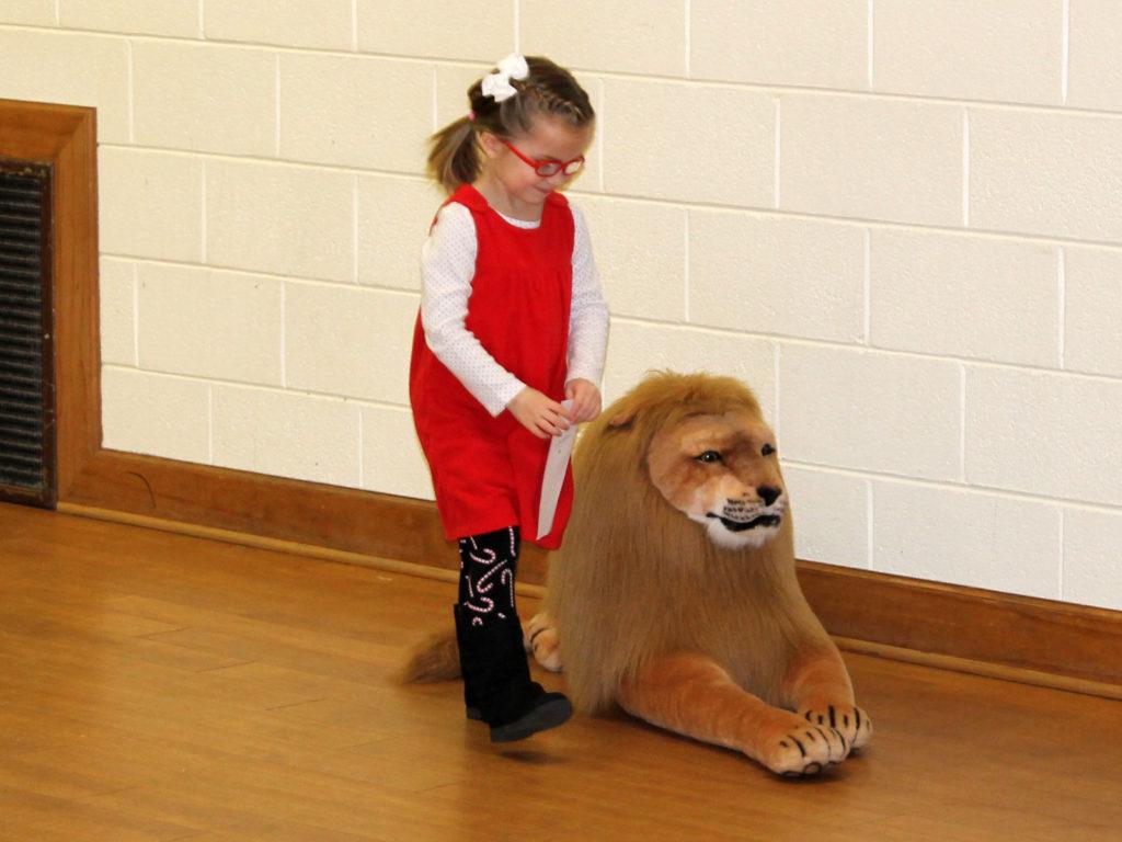 Fiona admires our stuffed Lion